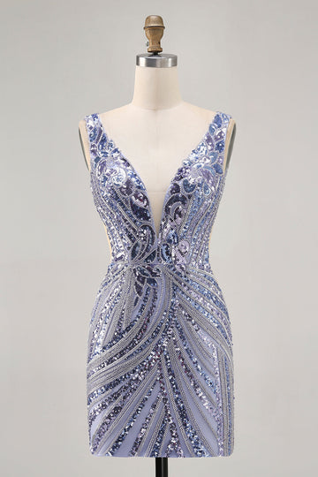 Sparkly Lilac V-Neck Sequins Bodycon Cocktail Dress